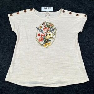 Tru Self T Shirt Womens L Beige Cotton Floral Graphic Round Neck Button Shoulder